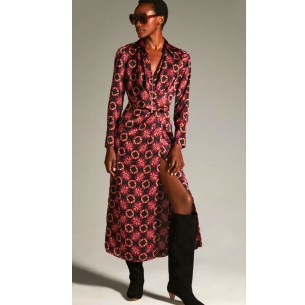 MISA Los Angeles Geometric Floral Wrap Front Maxi Shirt Dress XS Magenta Black